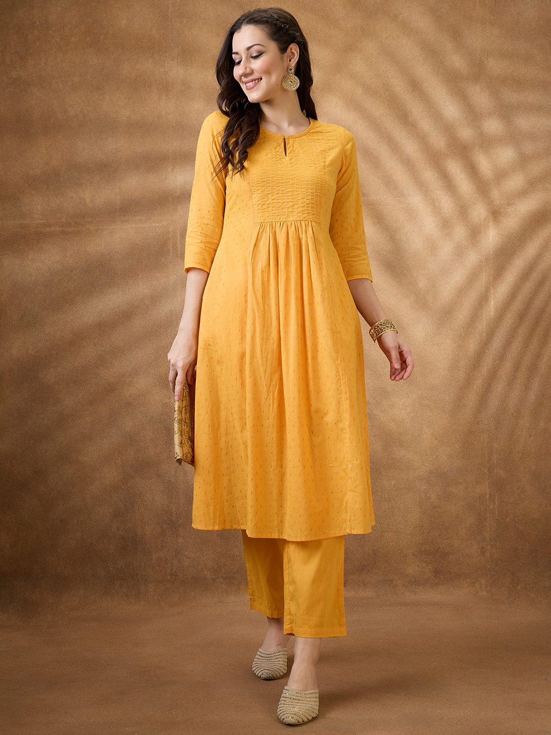 Radiant Yellow Zari Embroidered Cotton Blend A-Line Kurta with Trousers