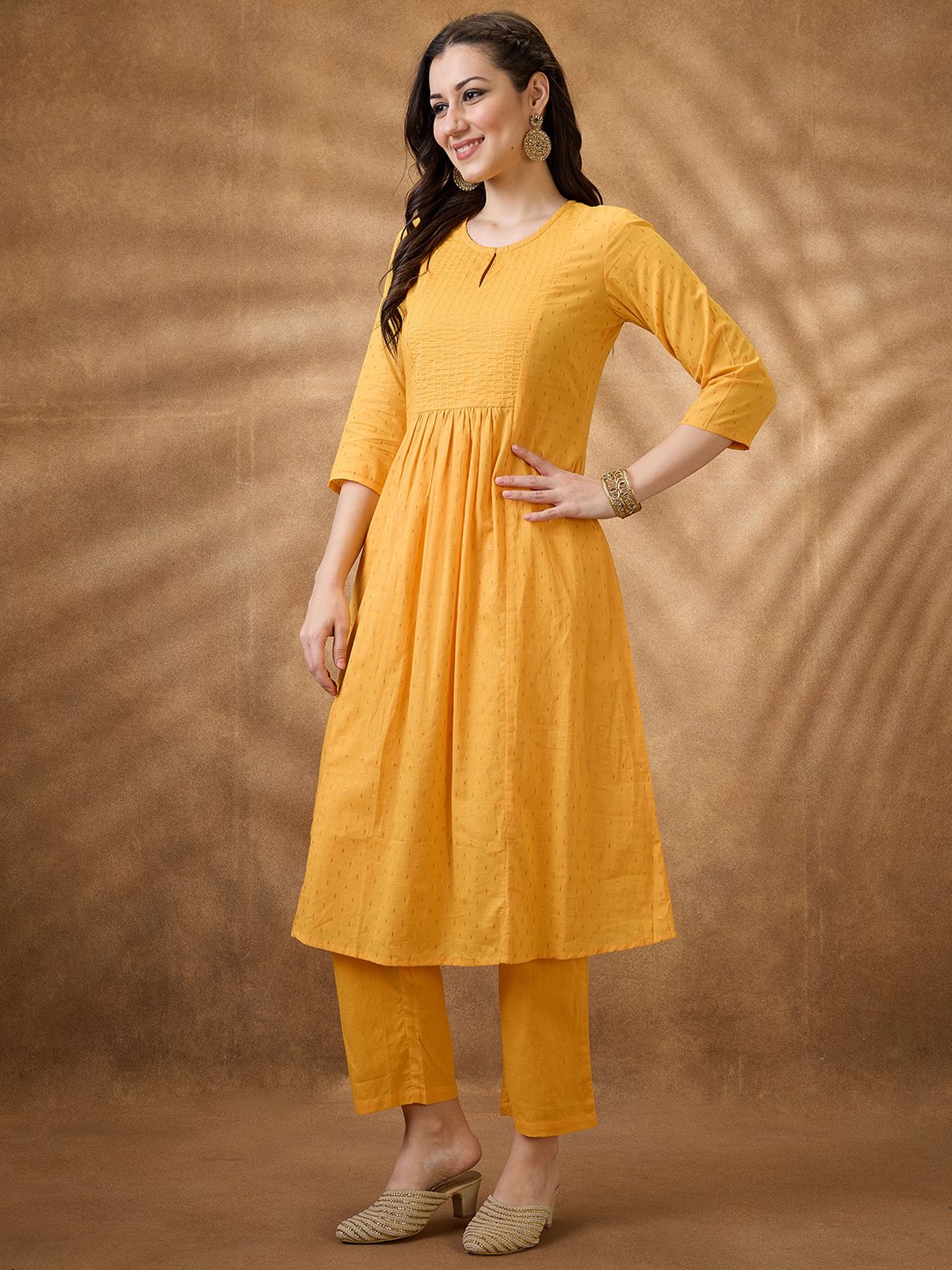 Radiant Yellow Zari Embroidered Cotton Blend A-Line Kurta with Trousers