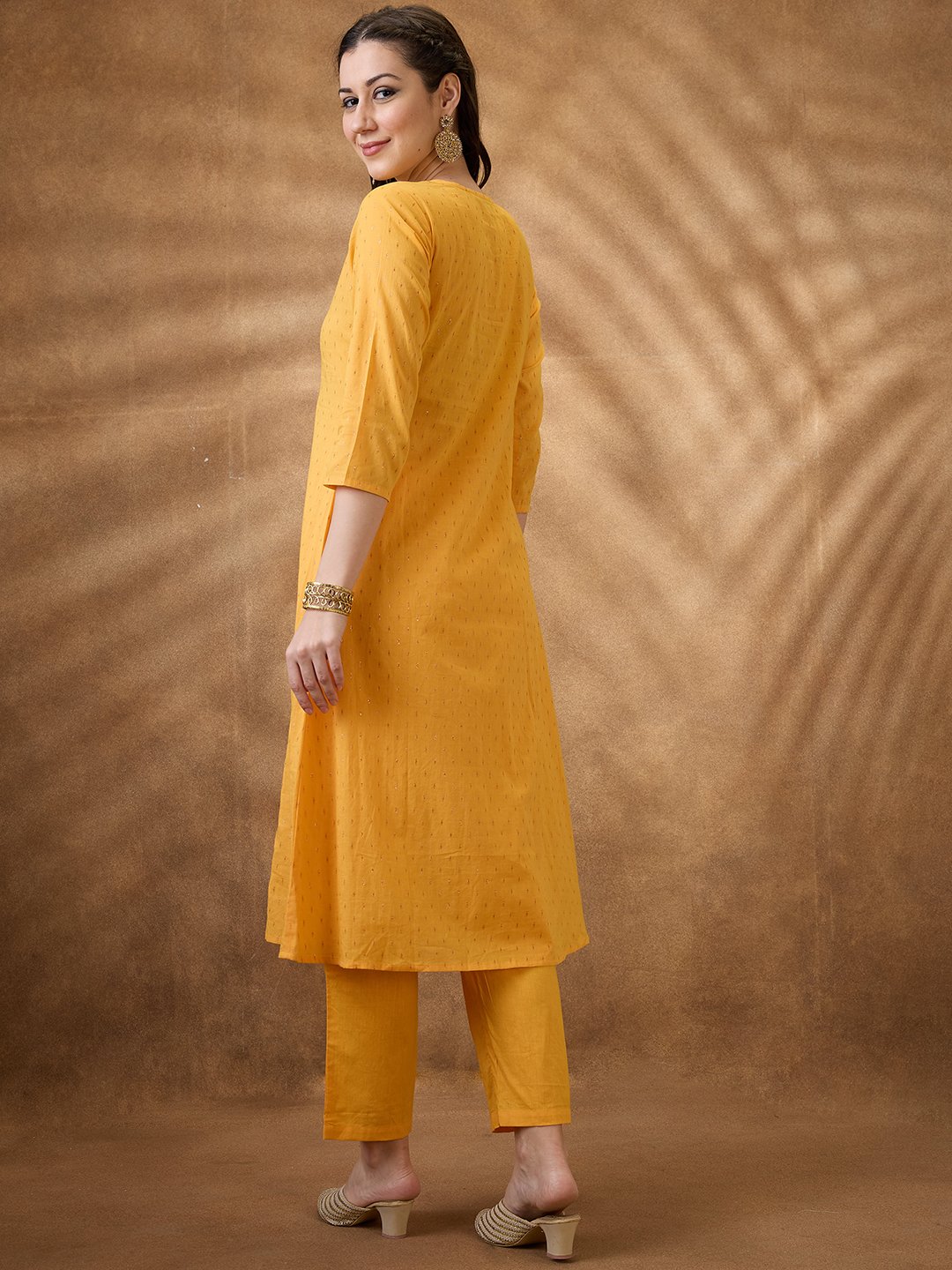 Radiant Yellow Zari Embroidered Cotton Blend A-Line Kurta with Trousers