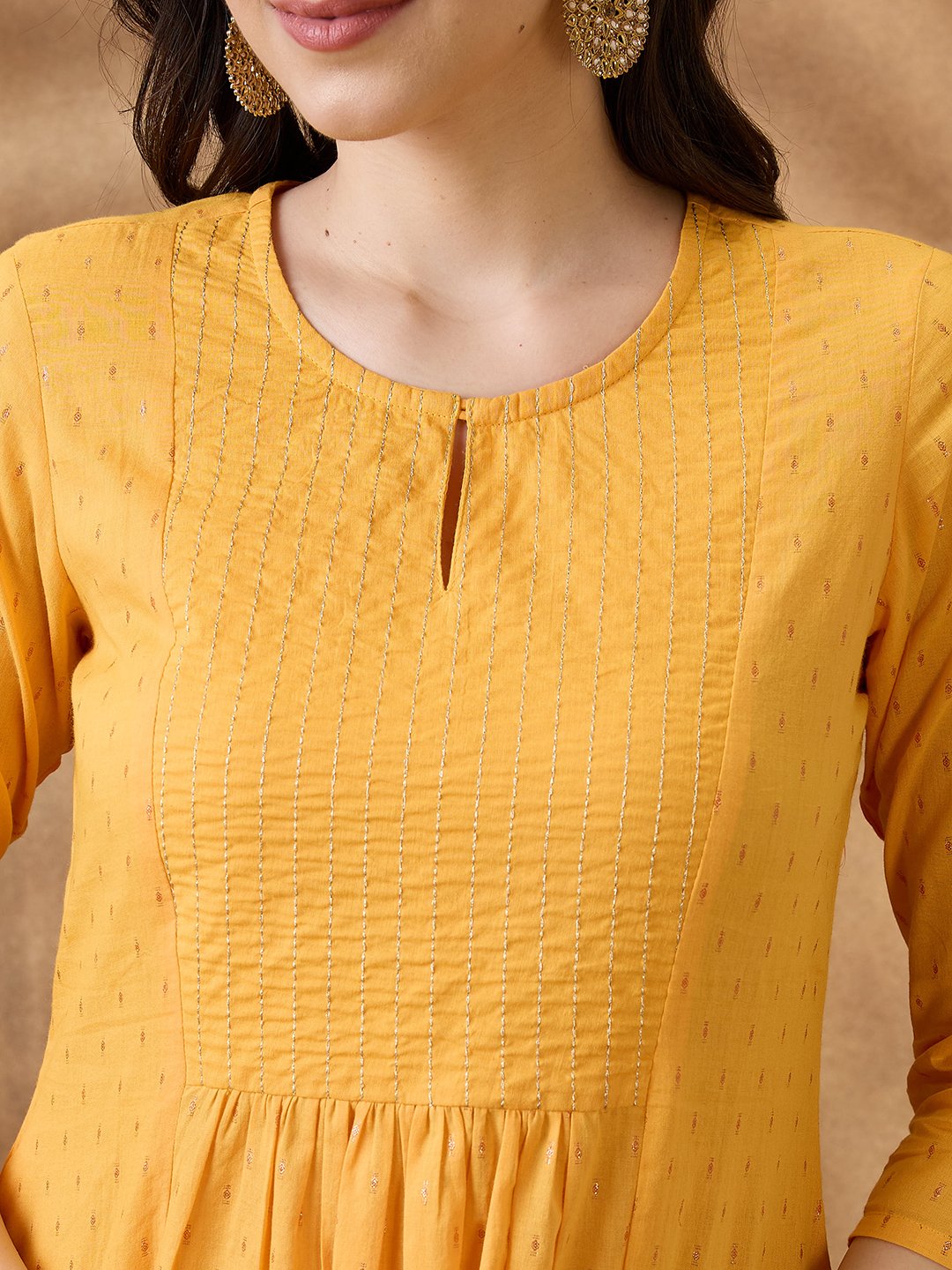 Radiant Yellow Zari Embroidered Cotton Blend A-Line Kurta with Trousers