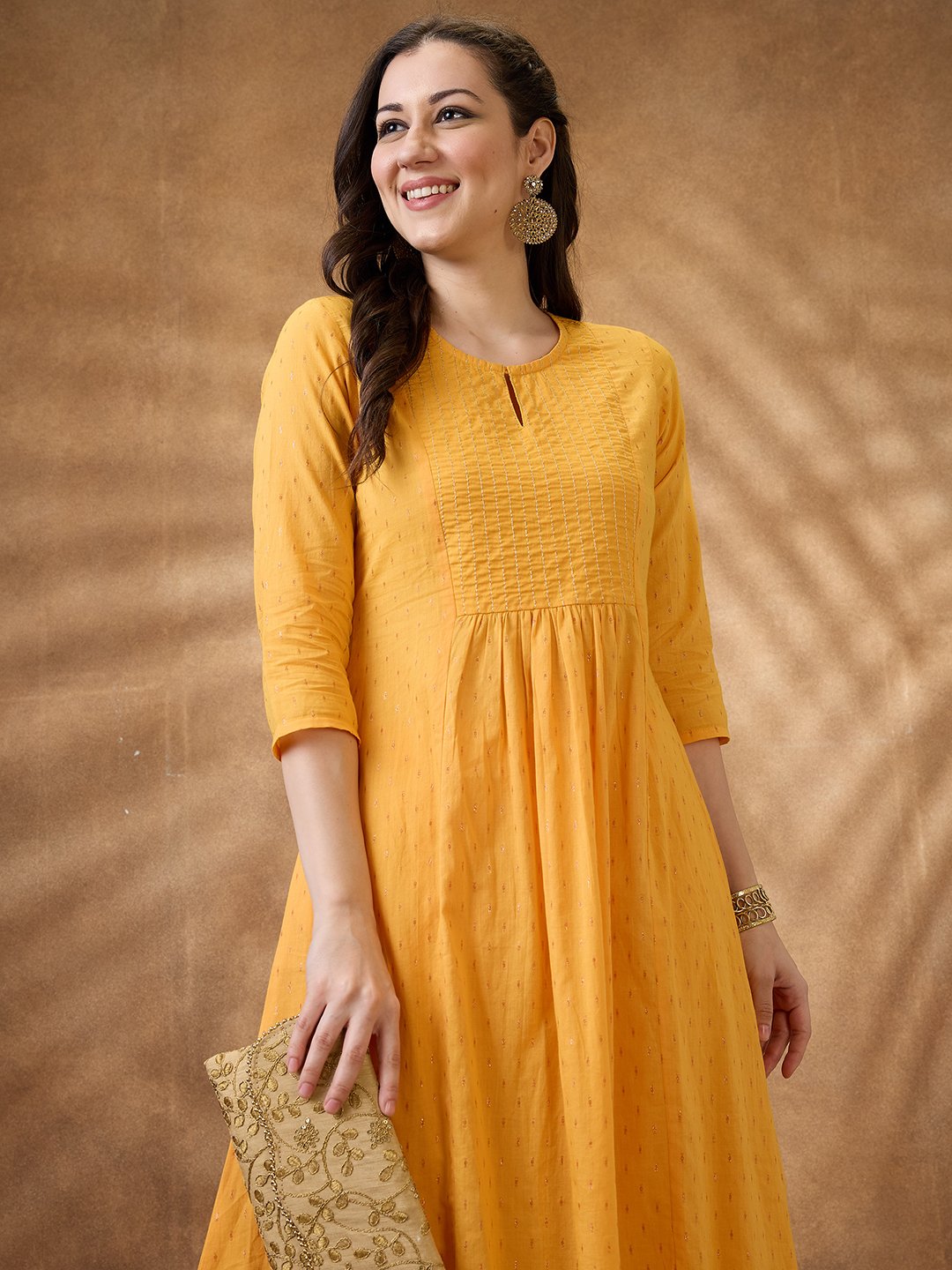 Radiant Yellow Zari Embroidered Cotton Blend A-Line Kurta with Trousers