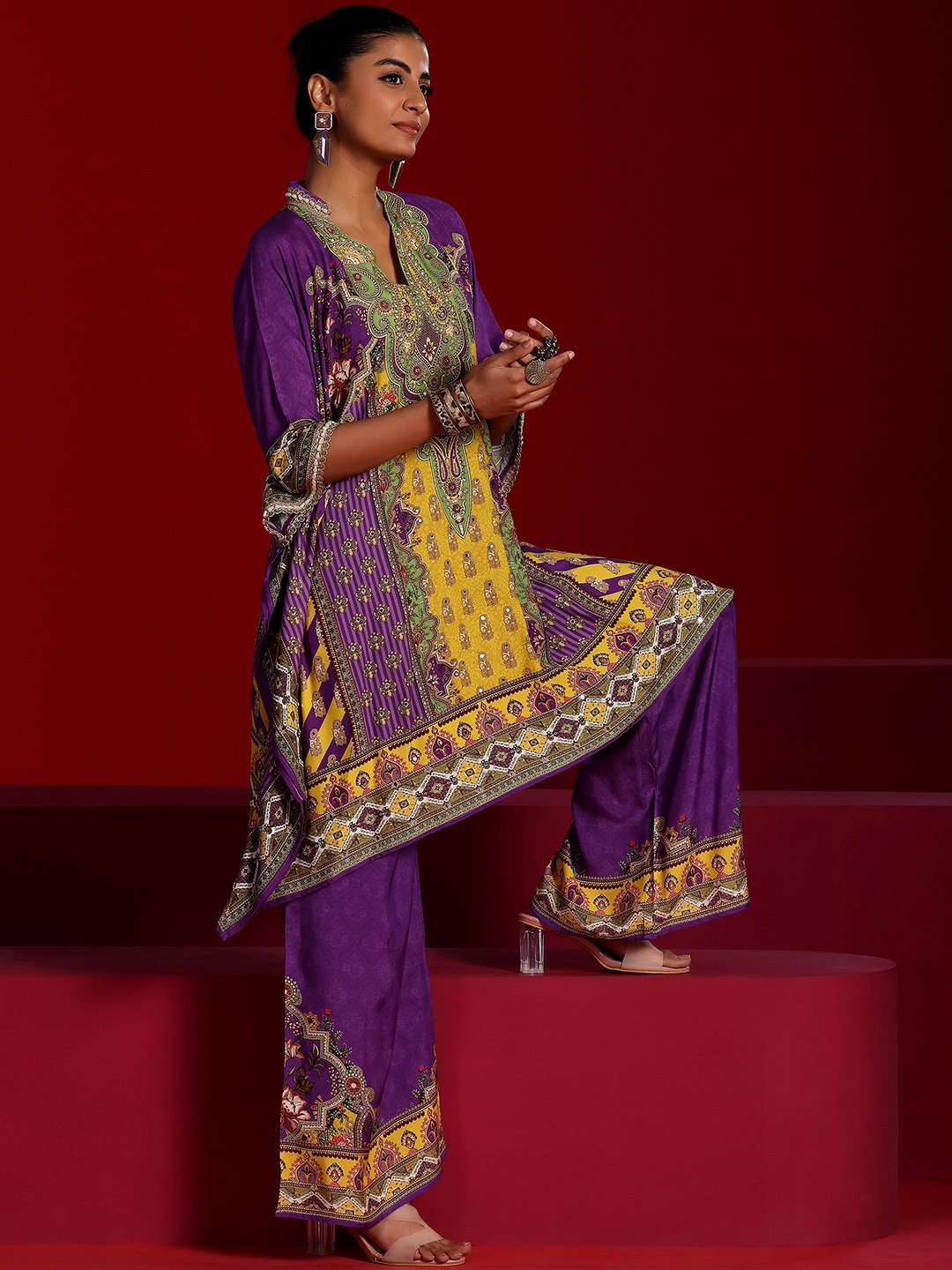 Purple Printed Muslin Top and Pants Co-Ords