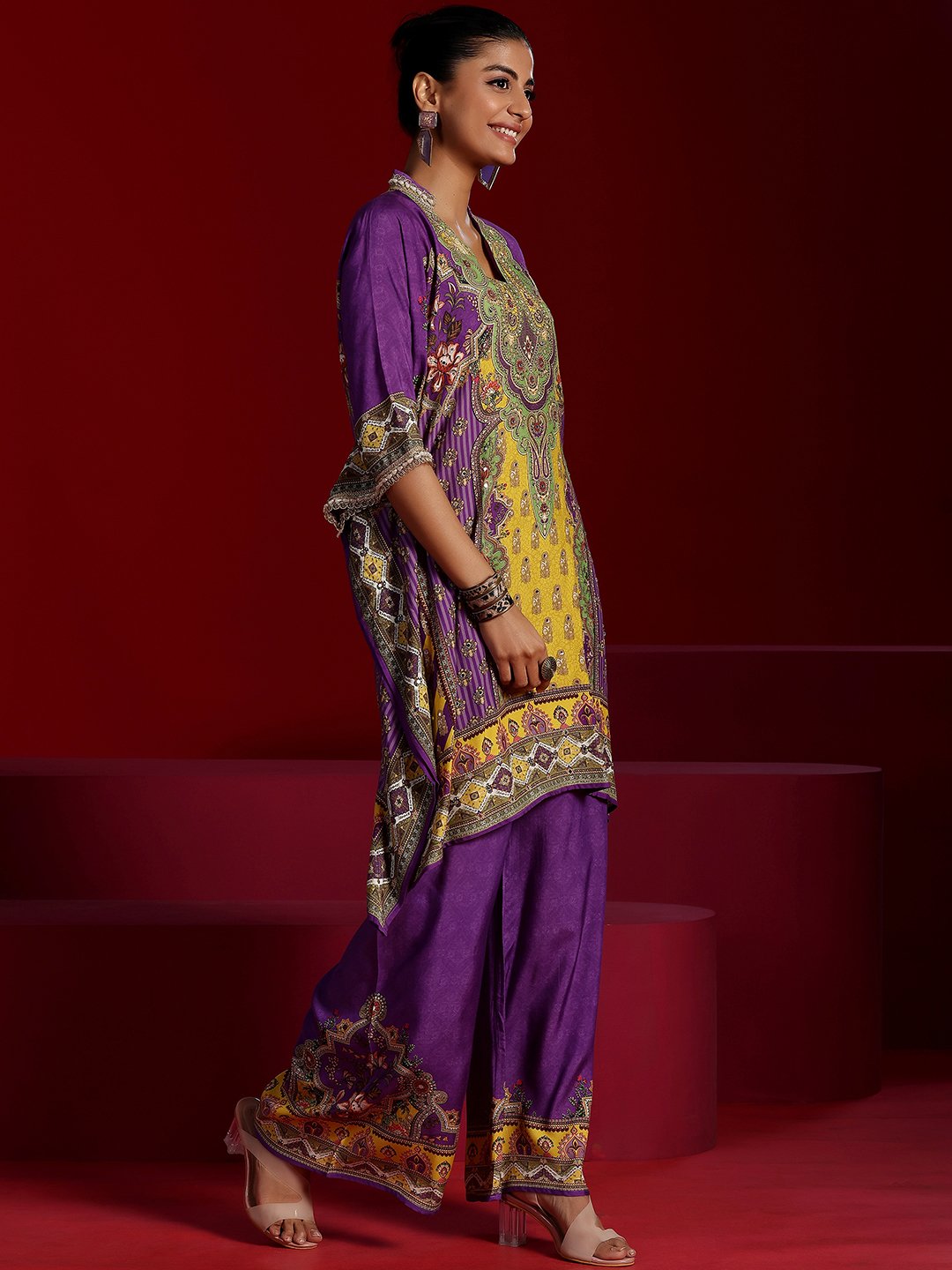 Purple Printed Muslin Top and Pants Co-Ords