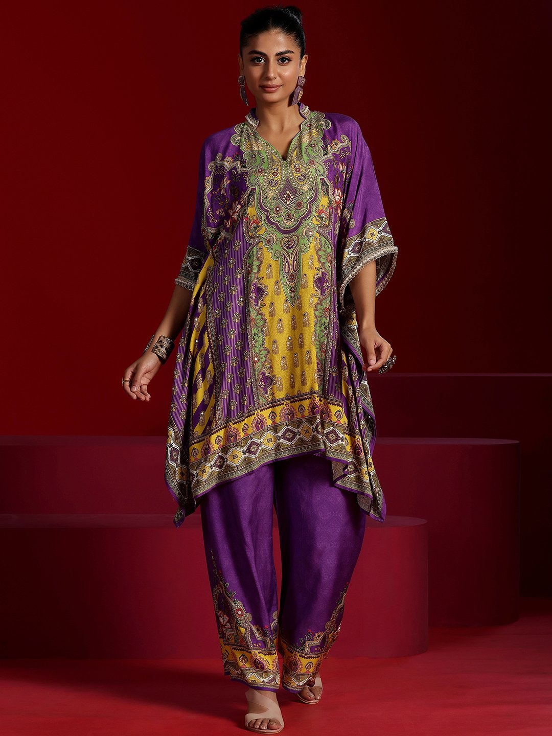 Purple Printed Muslin Top and Pants Co-Ords