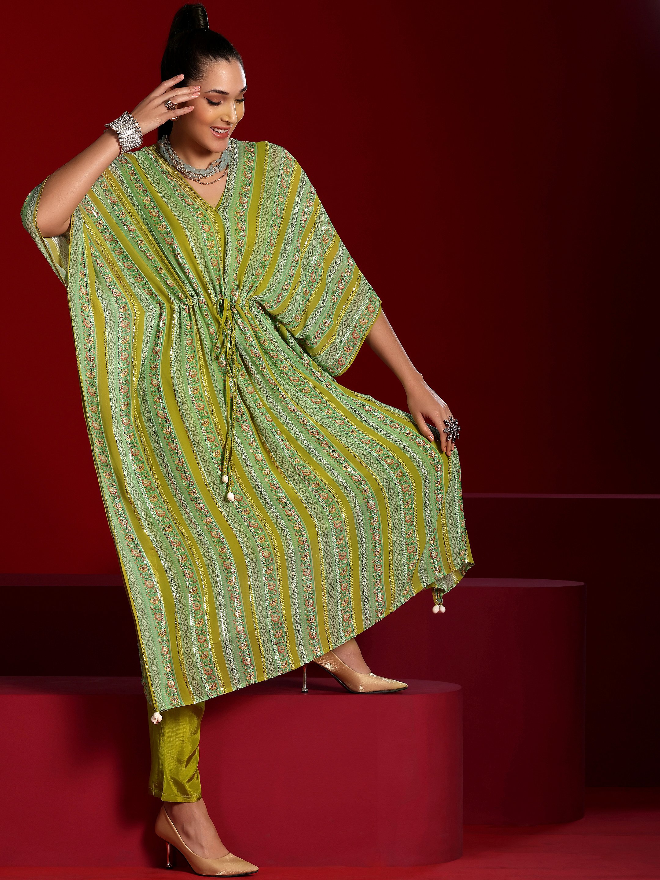 Green Printed Georgette Top and Pants Co-Ords