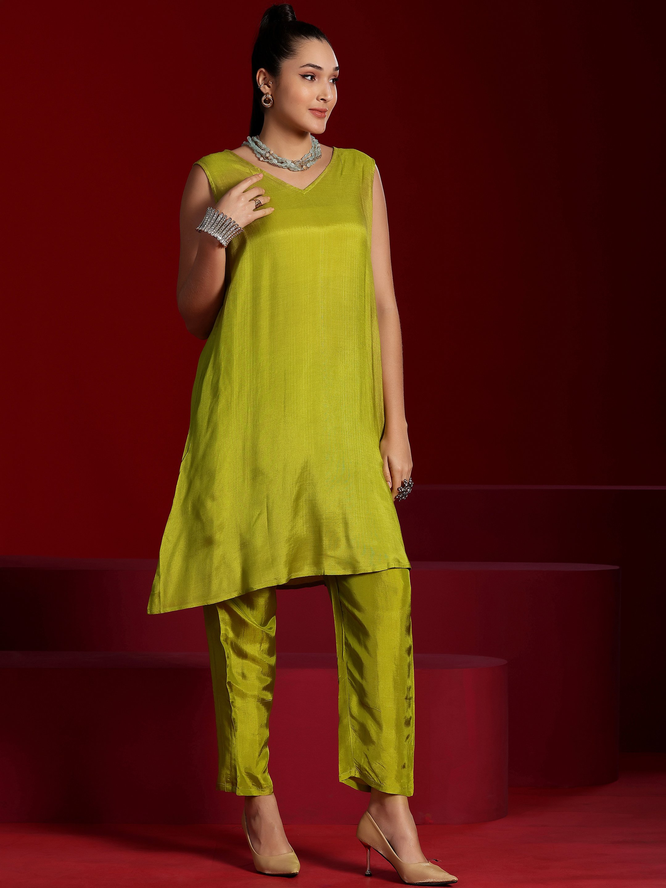Green Printed Georgette Top and Pants Co-Ords