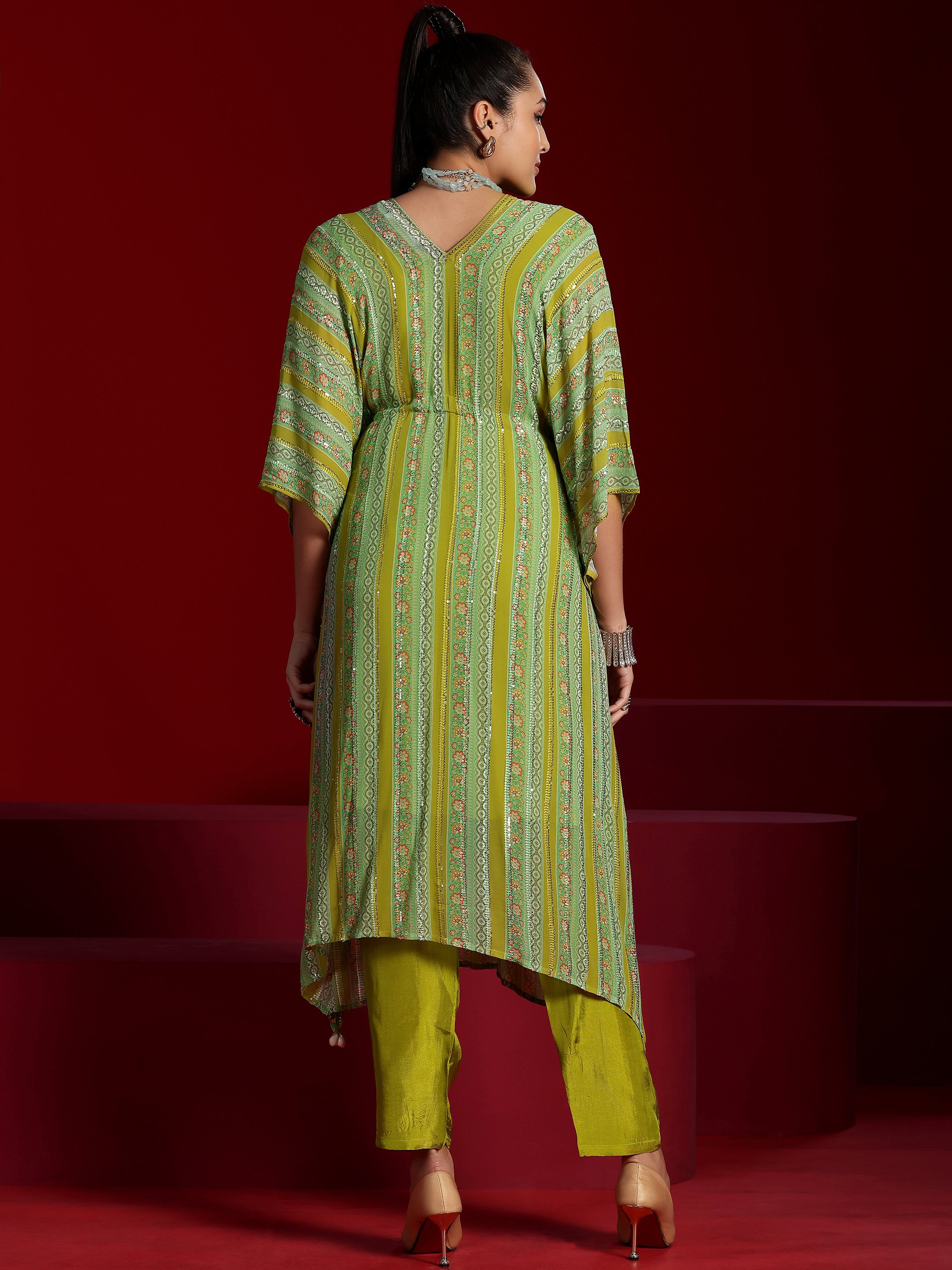 Green Printed Georgette Top and Pants Co-Ords