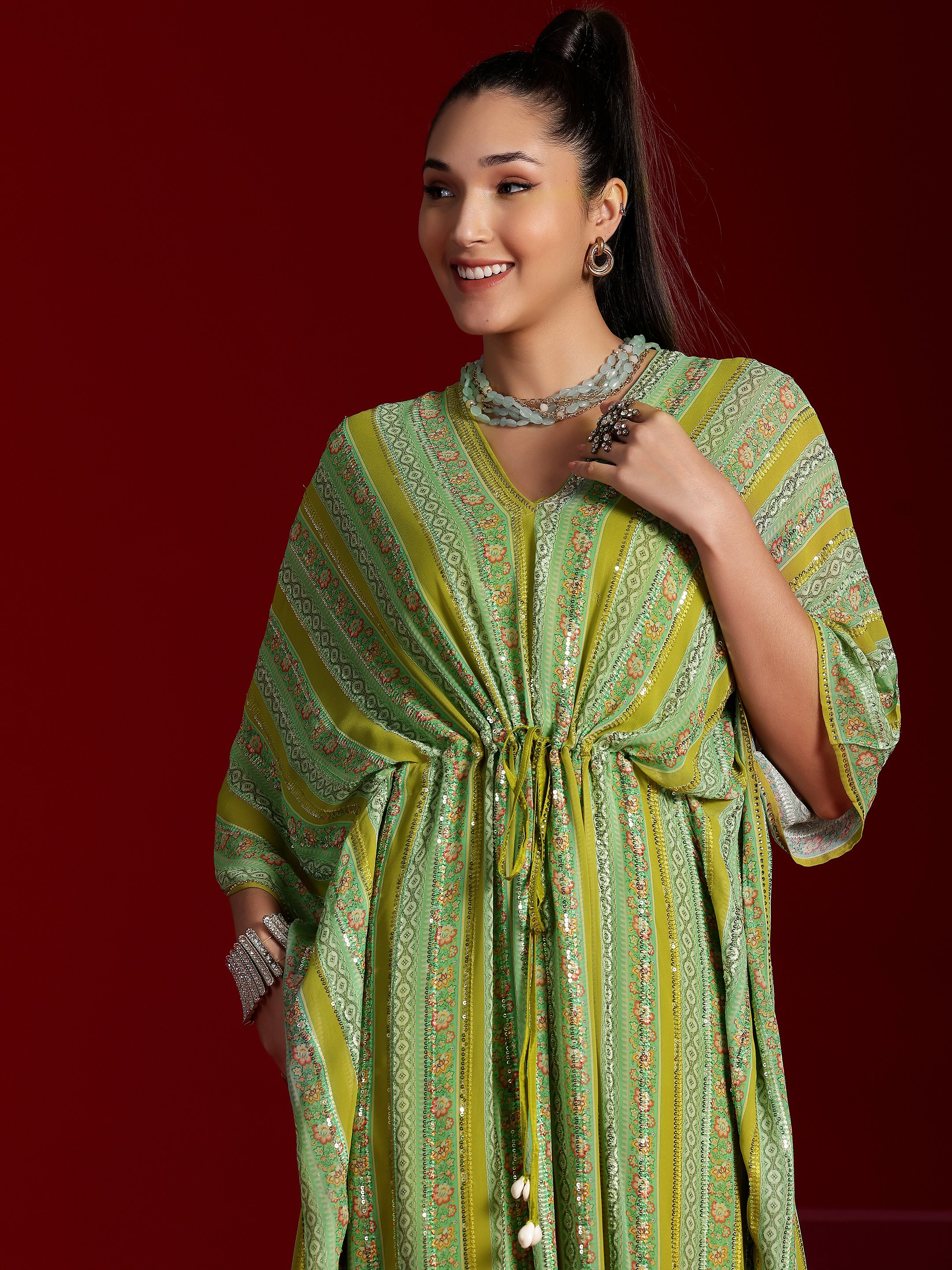 Green Printed Georgette Top and Pants Co-Ords
