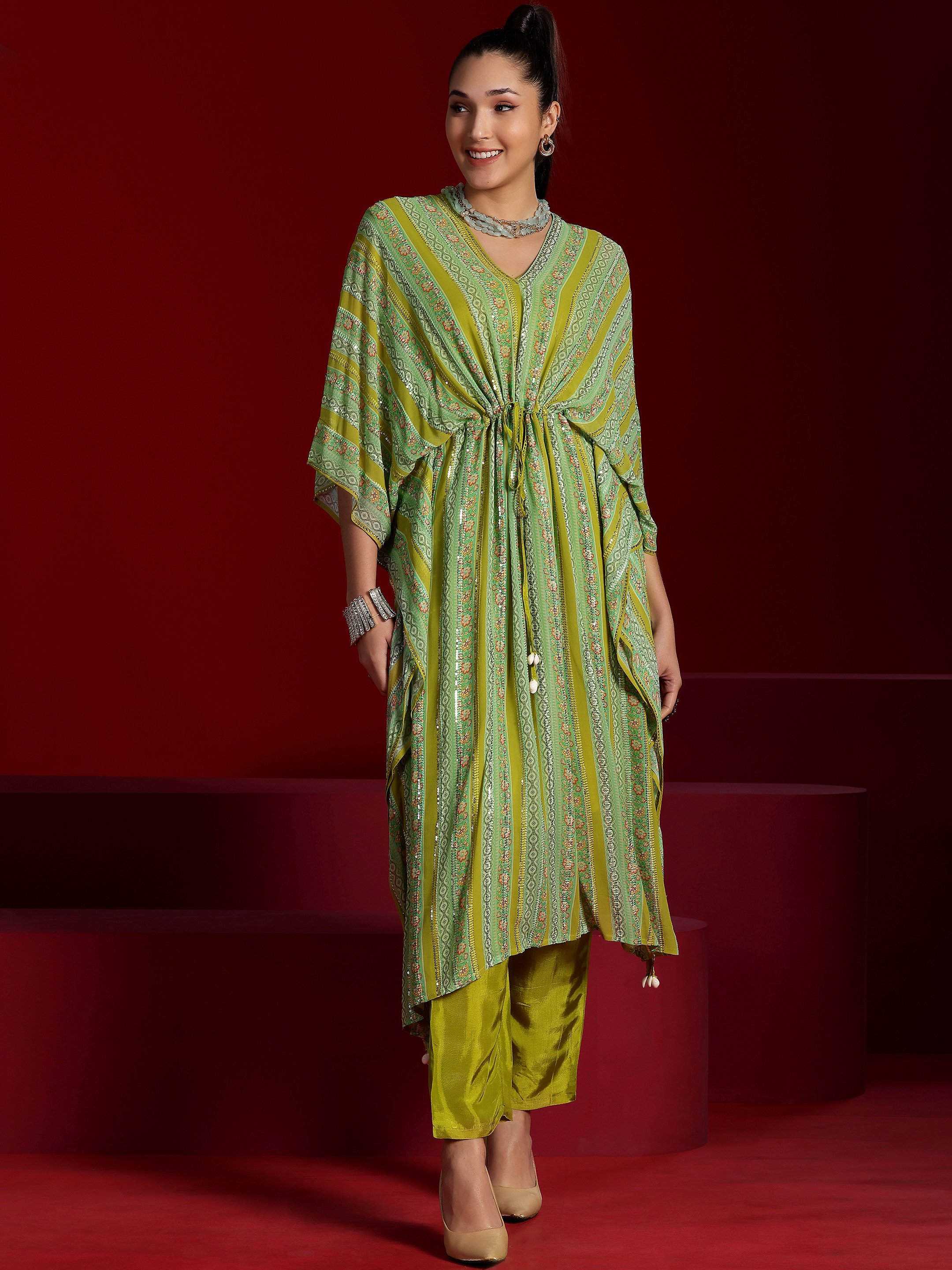 Green Printed Georgette Top and Pants Co-Ords