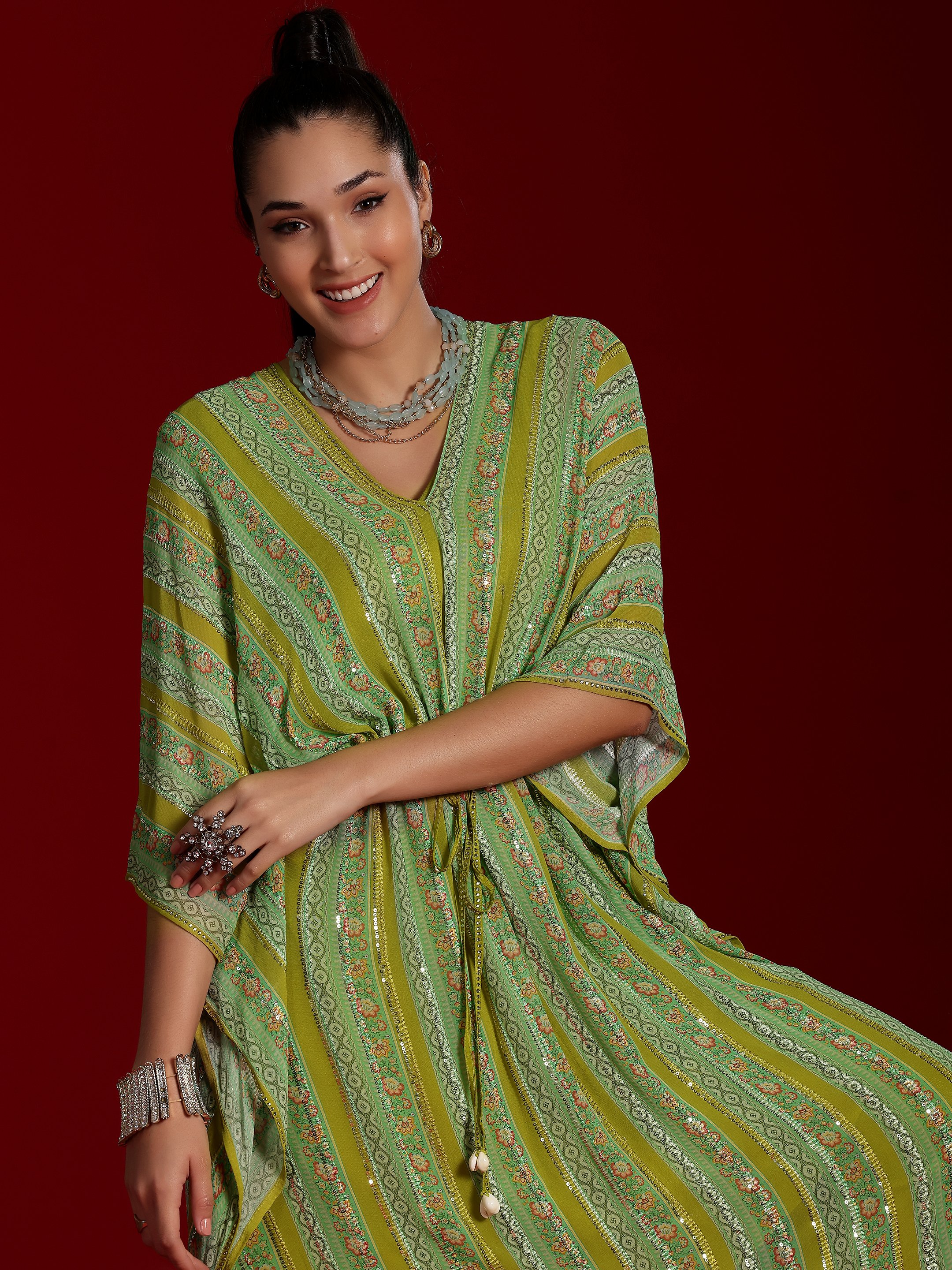 Green Printed Georgette Top and Pants Co-Ords