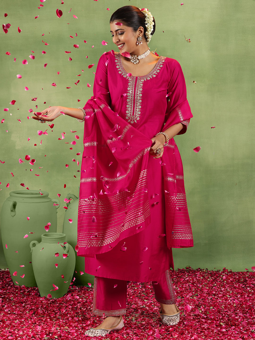 Coral Embroidered Silk Blend Straight Kurta, Trousers and Dupatta Set