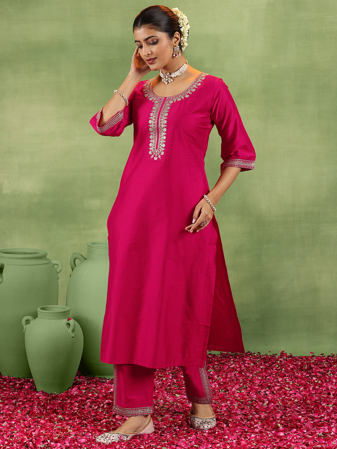 Coral Embroidered Silk Blend Straight Kurta, Trousers and Dupatta Set
