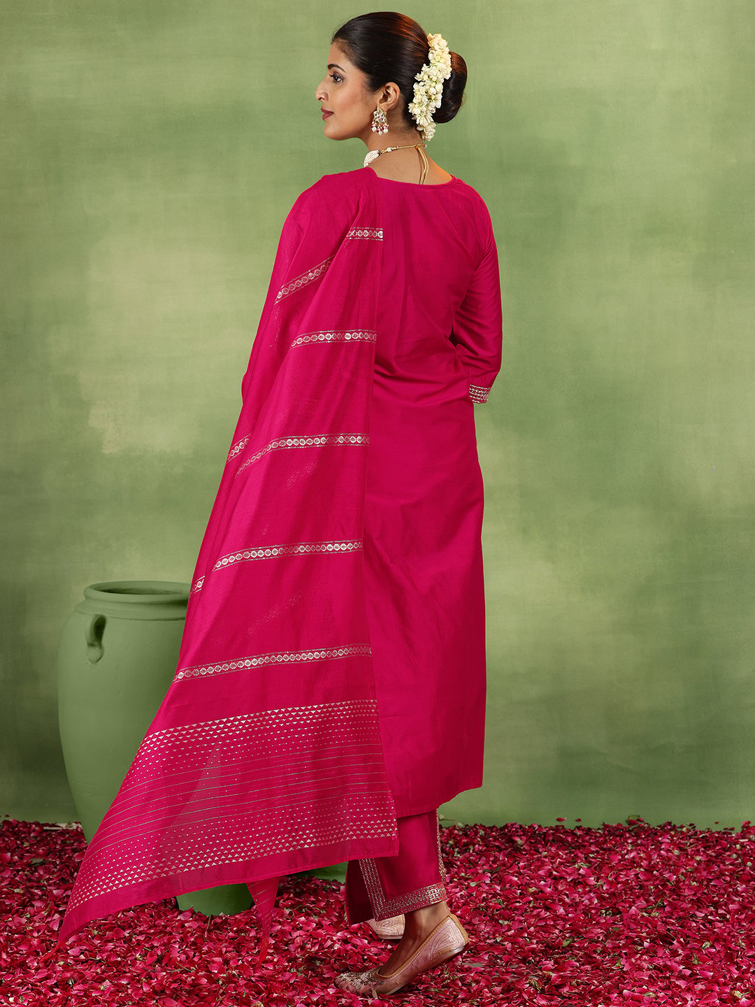 Coral Embroidered Silk Blend Straight Kurta, Trousers and Dupatta Set