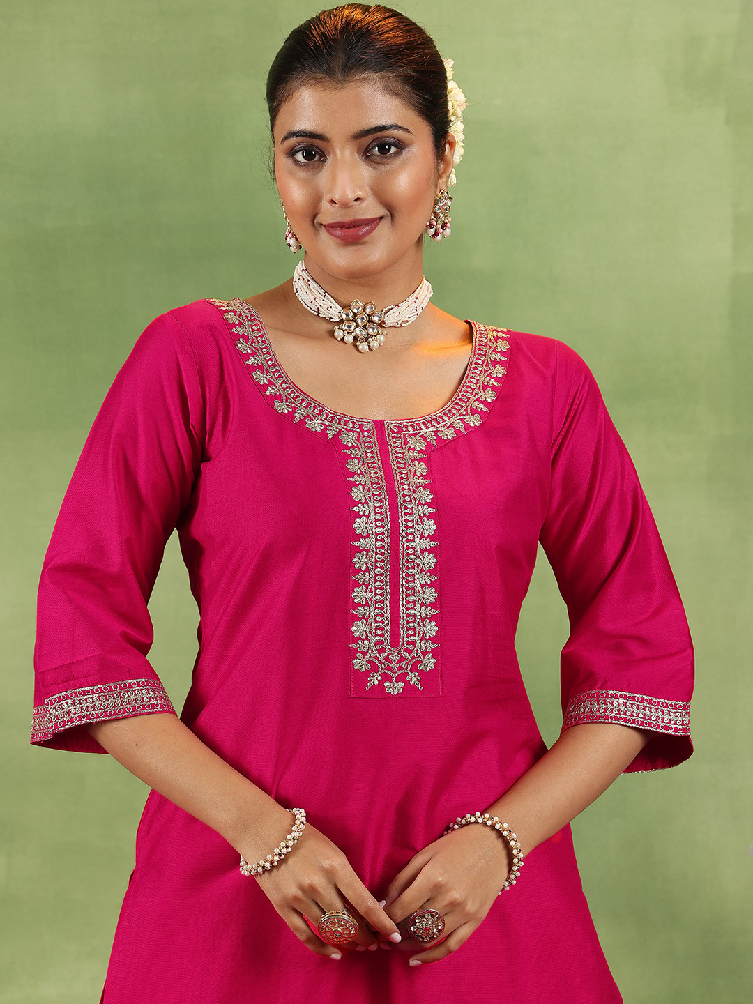 Coral Embroidered Silk Blend Straight Kurta, Trousers and Dupatta Set