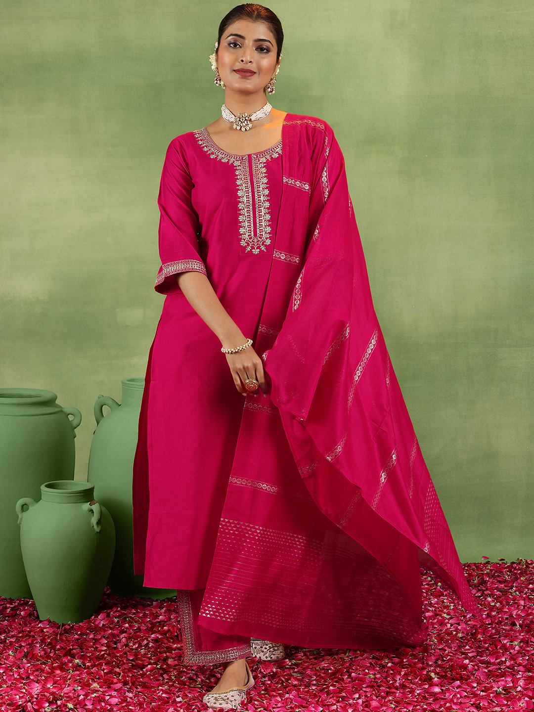 Coral Embroidered Silk Blend Straight Kurta, Trousers and Dupatta Set