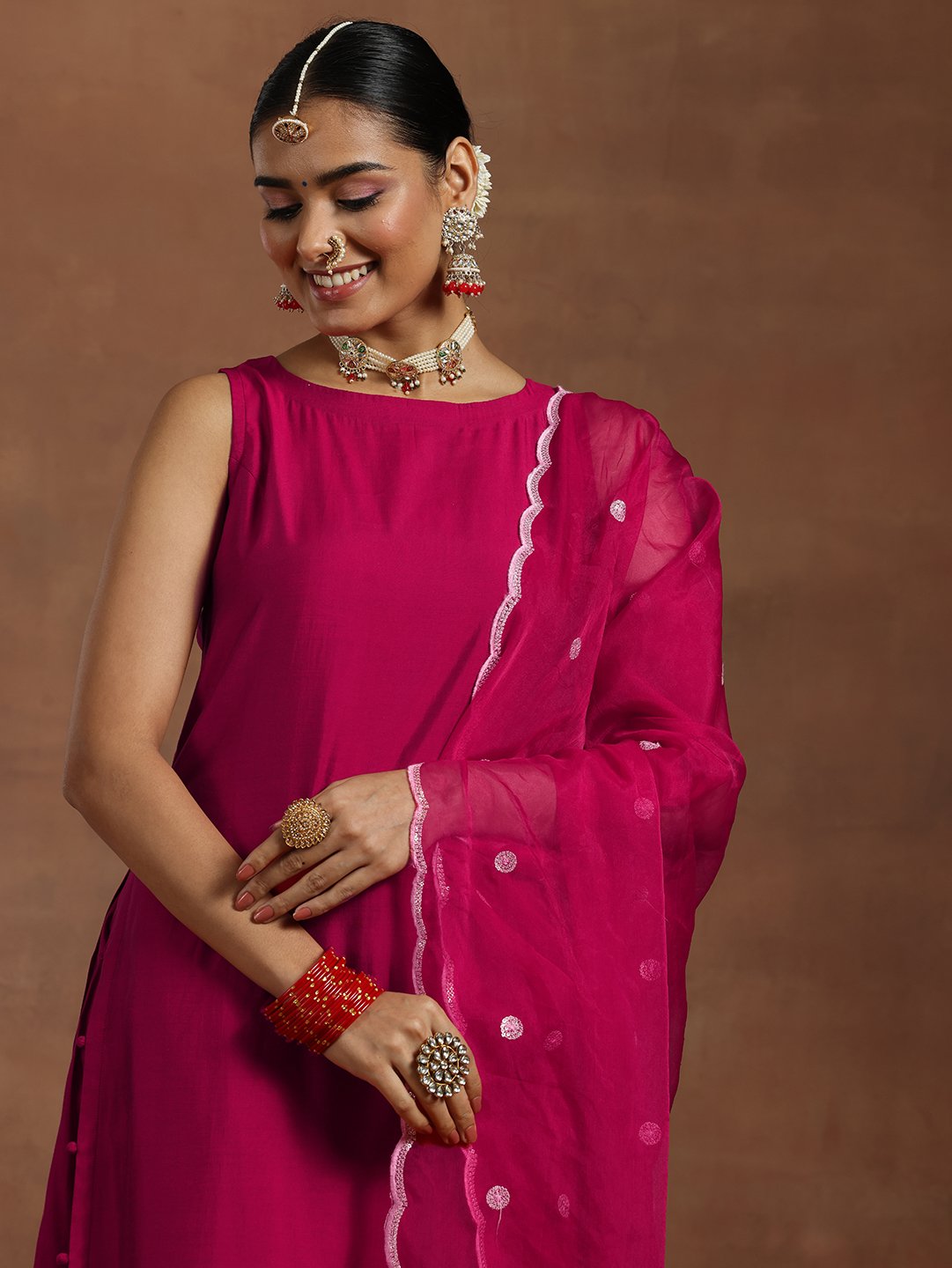 Pink Solid Silk Blend Straight Kurta, Palazzos and Dupatta Set