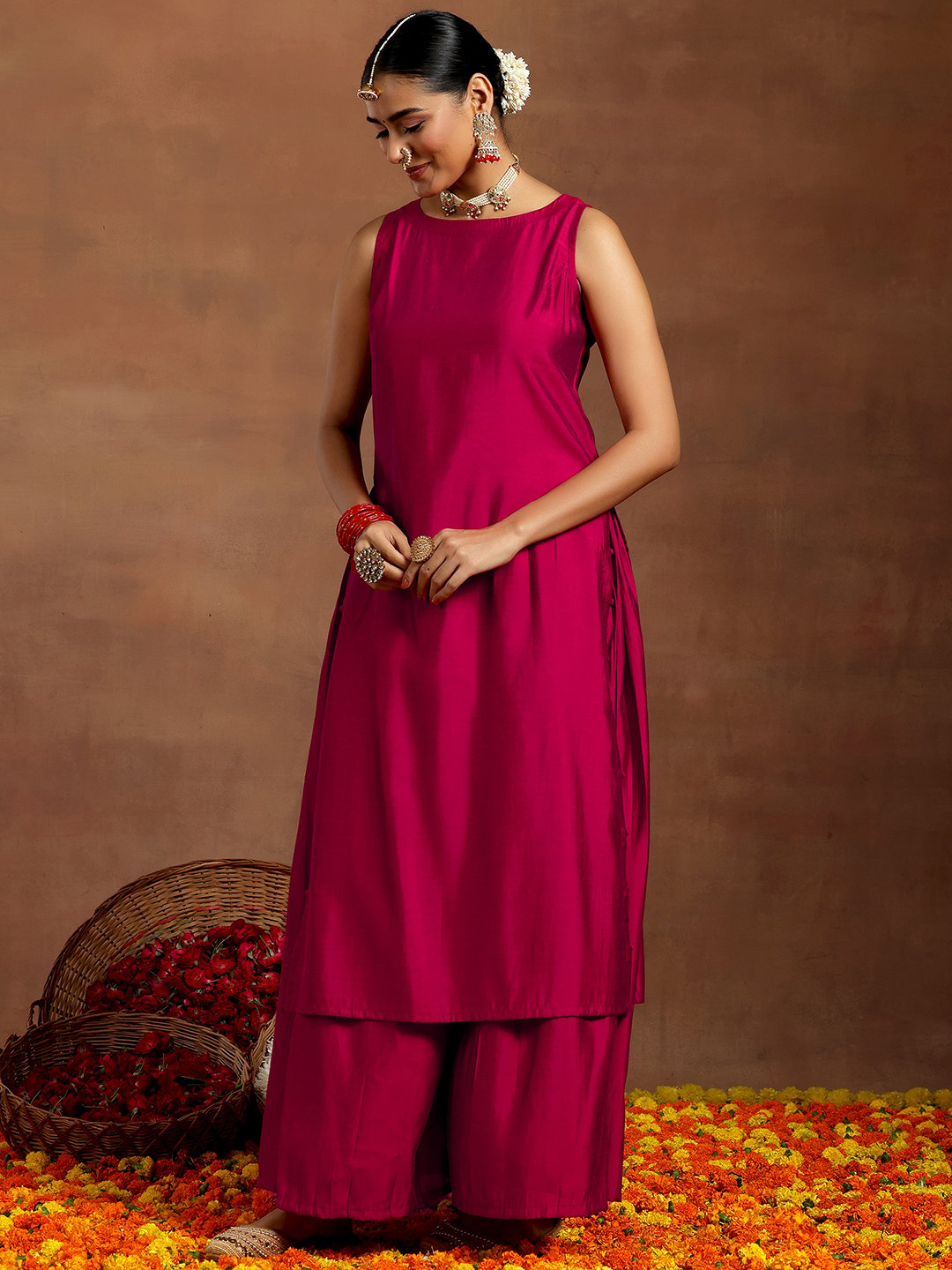 Pink Solid Silk Blend Straight Kurta, Palazzos and Dupatta Set