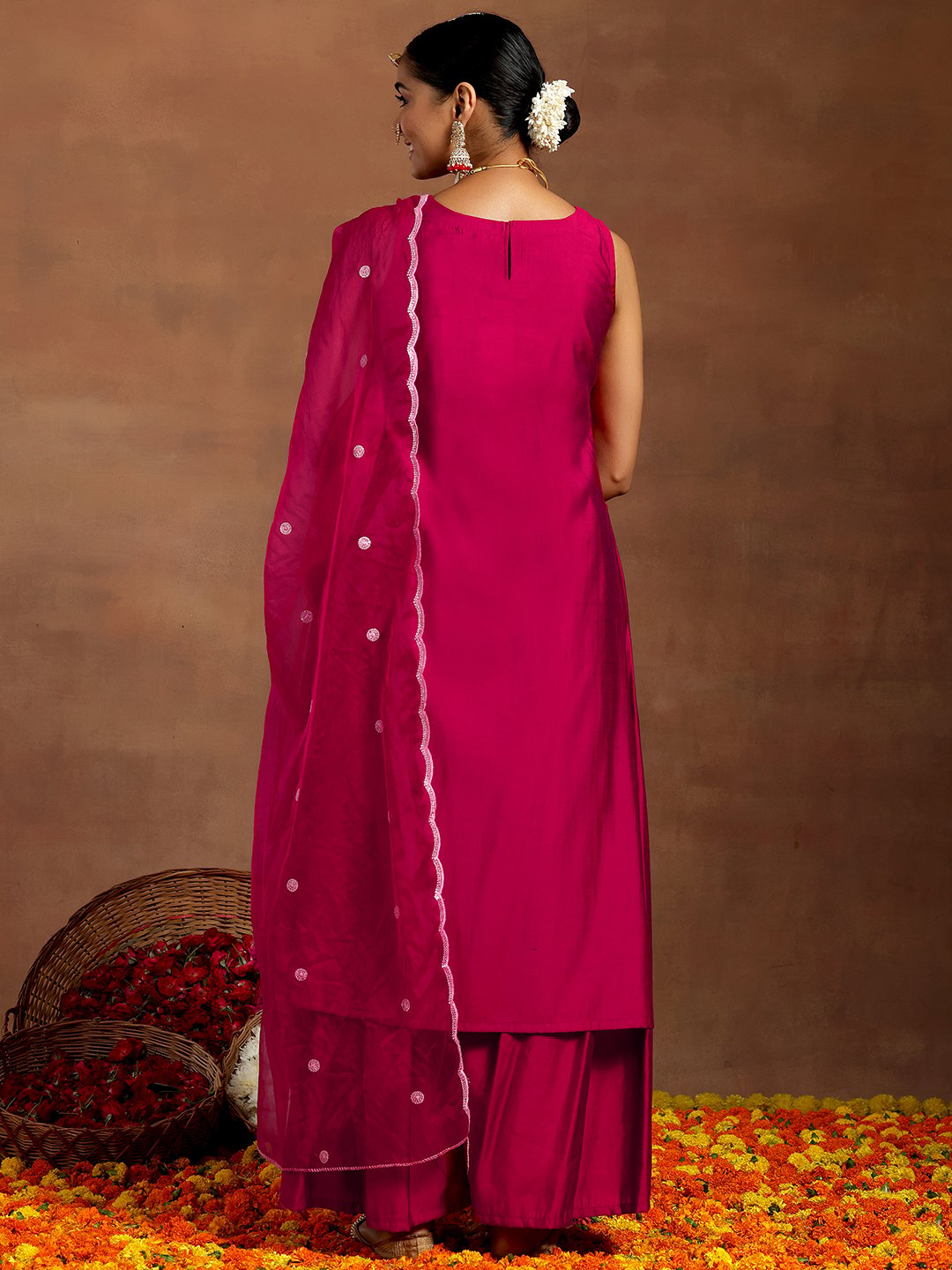 Pink Solid Silk Blend Straight Kurta, Palazzos and Dupatta Set