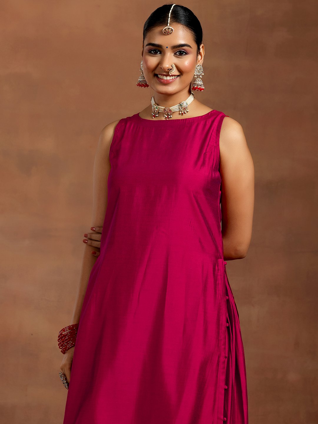 Pink Solid Silk Blend Straight Kurta, Palazzos and Dupatta Set
