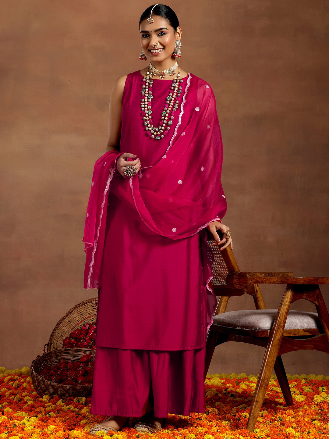 Pink Solid Silk Blend Straight Kurta, Palazzos and Dupatta Set