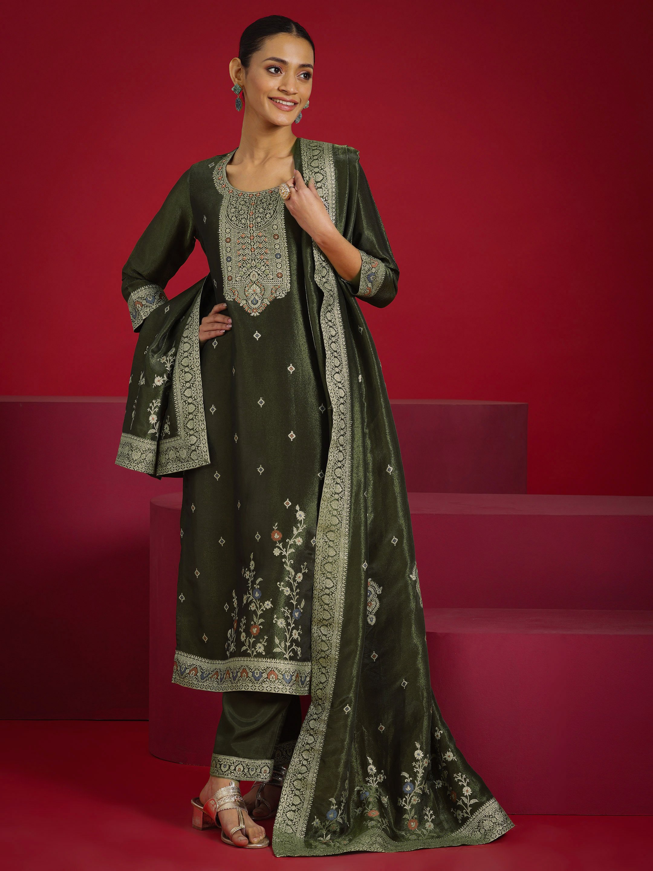 Olive Printed Silk Blend Straight Kurta, Trousers and Dupatta Set