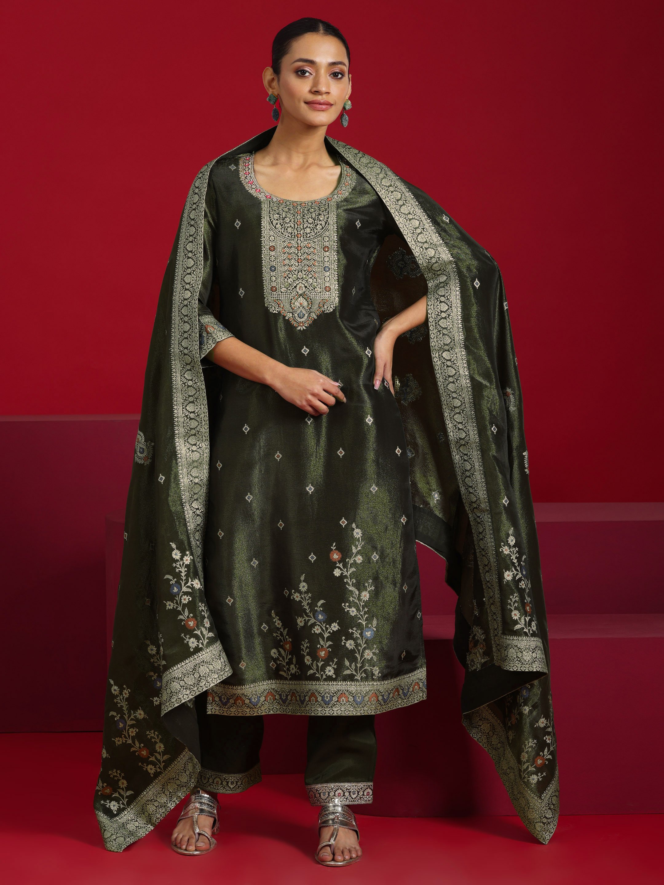 Olive Printed Silk Blend Straight Kurta, Trousers and Dupatta Set
