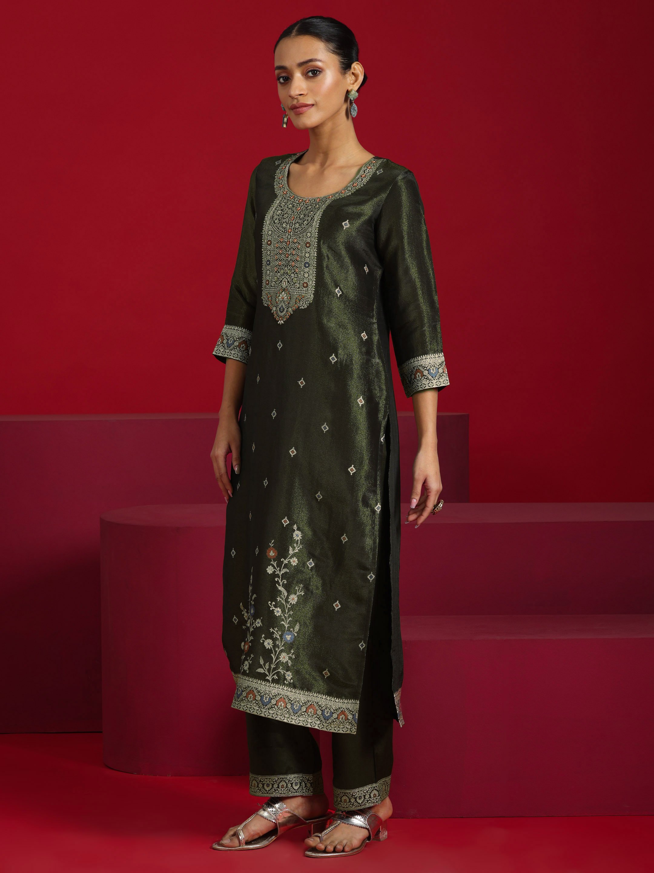Olive Printed Silk Blend Straight Kurta, Trousers and Dupatta Set