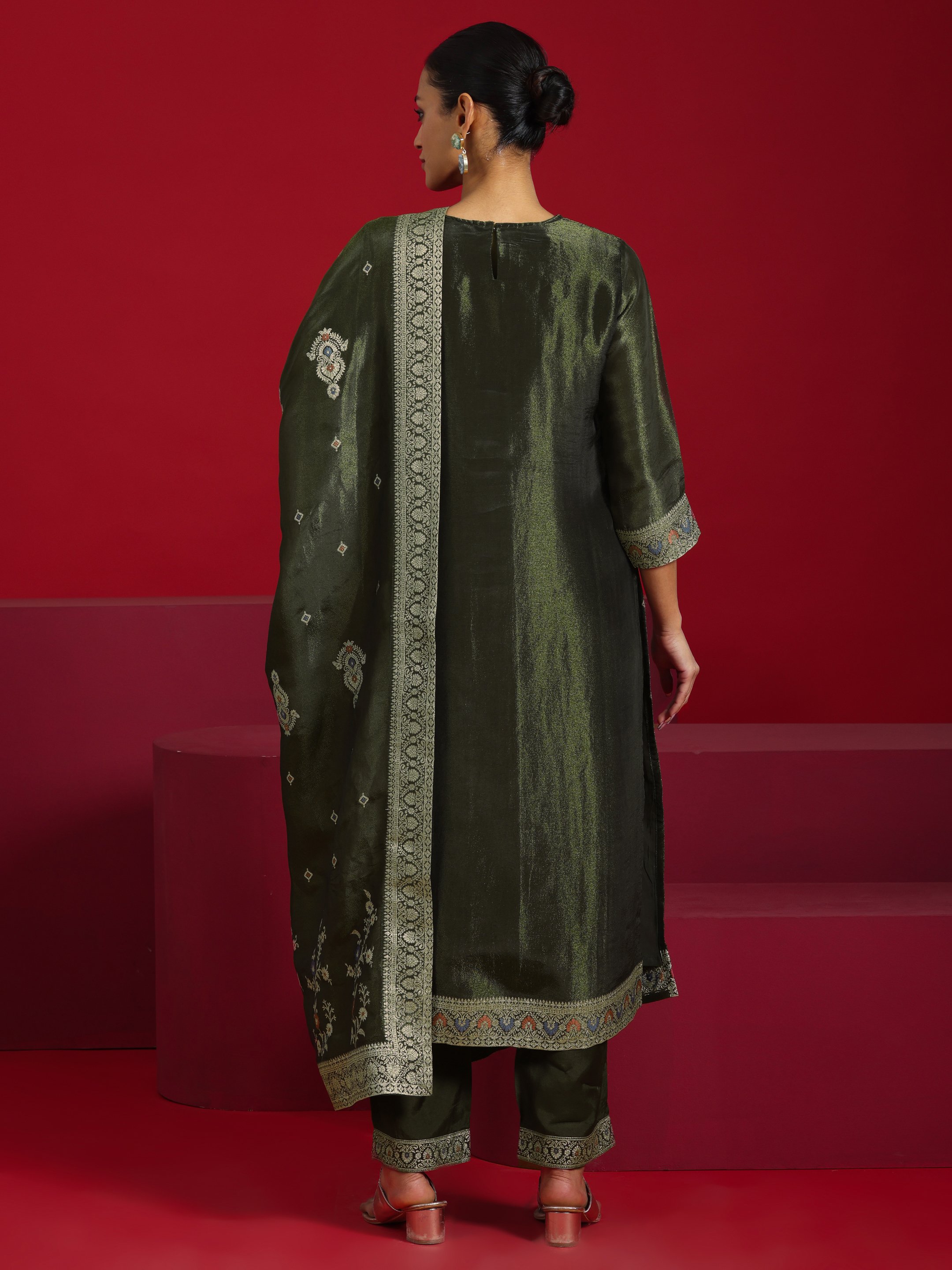 Olive Printed Silk Blend Straight Kurta, Trousers and Dupatta Set