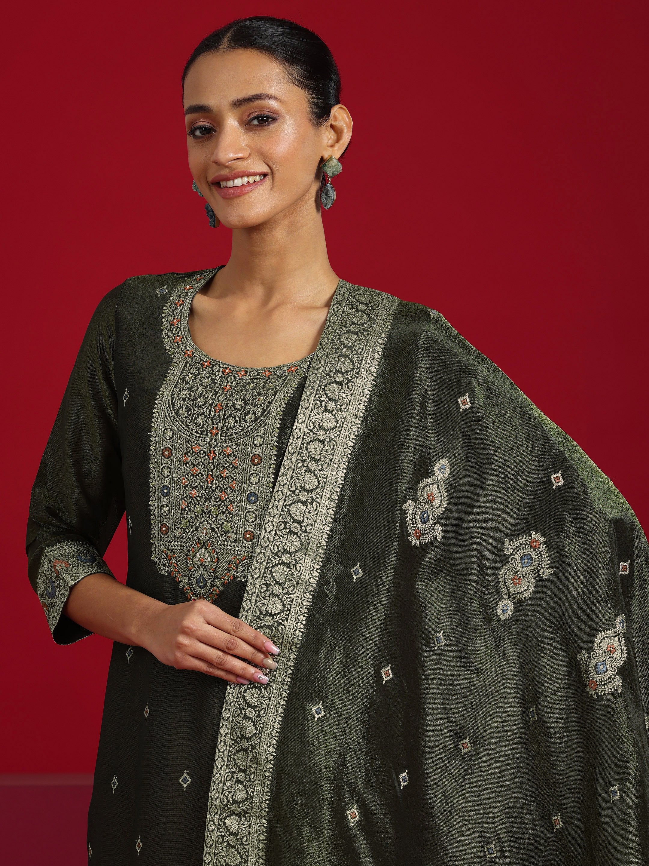 Olive Printed Silk Blend Straight Kurta, Trousers and Dupatta Set