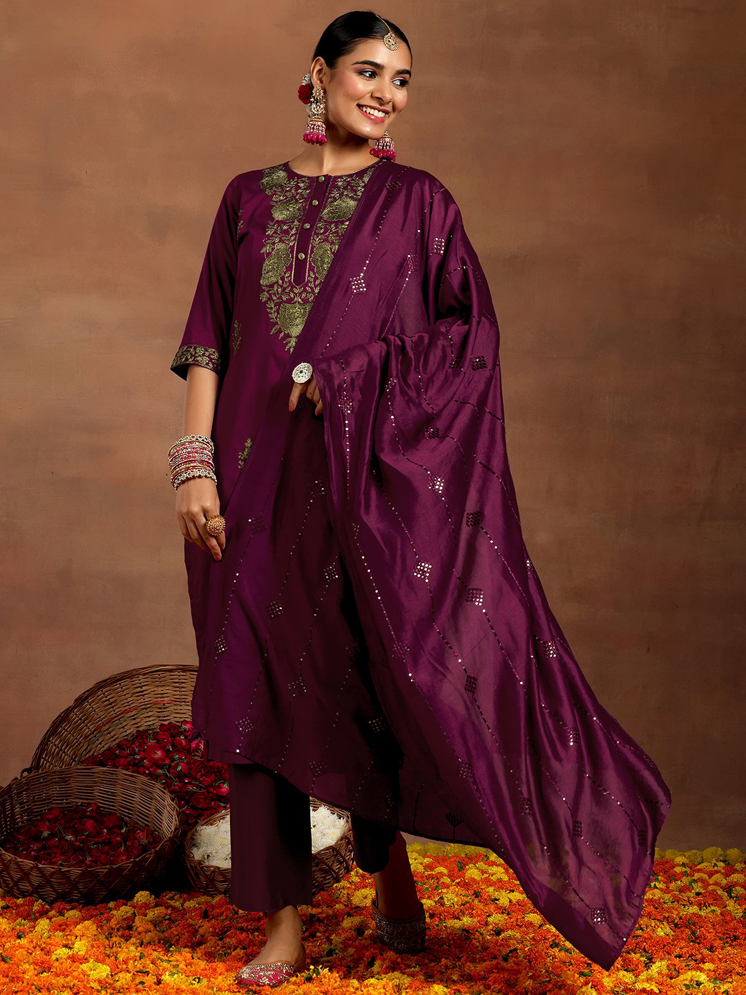 Burgundy Embroidered Silk Blend Straight Kurta, Trousers and Dupatta Set