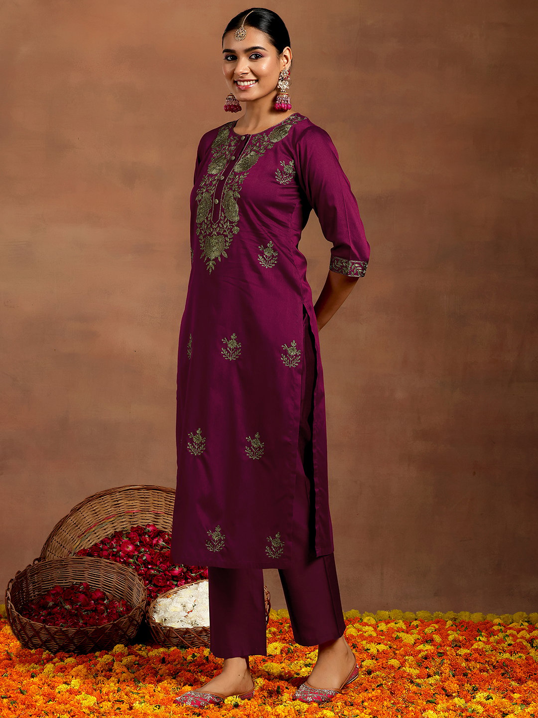 Burgundy Embroidered Silk Blend Straight Kurta, Trousers and Dupatta Set