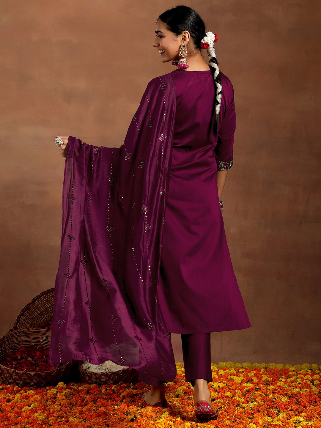 Burgundy Embroidered Silk Blend Straight Kurta, Trousers and Dupatta Set