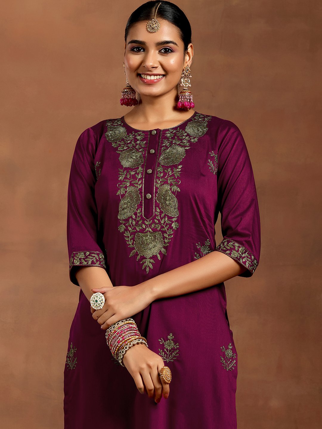 Burgundy Embroidered Silk Blend Straight Kurta, Trousers and Dupatta Set