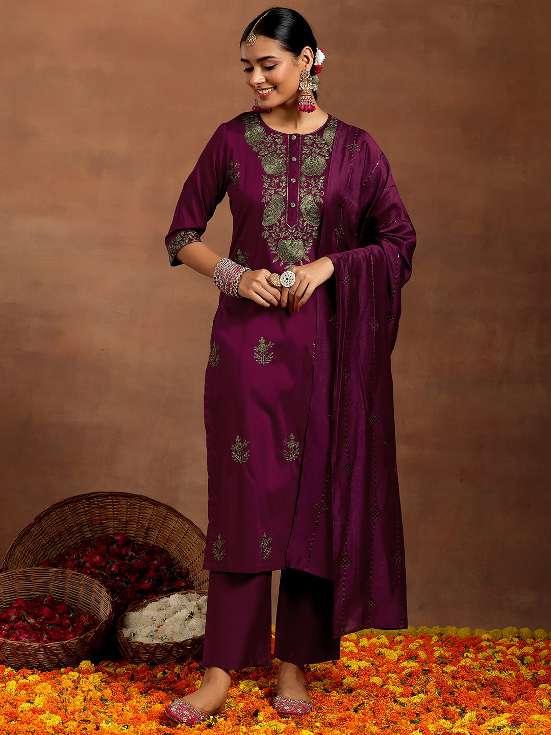 Burgundy Embroidered Silk Blend Straight Kurta, Trousers and Dupatta Set