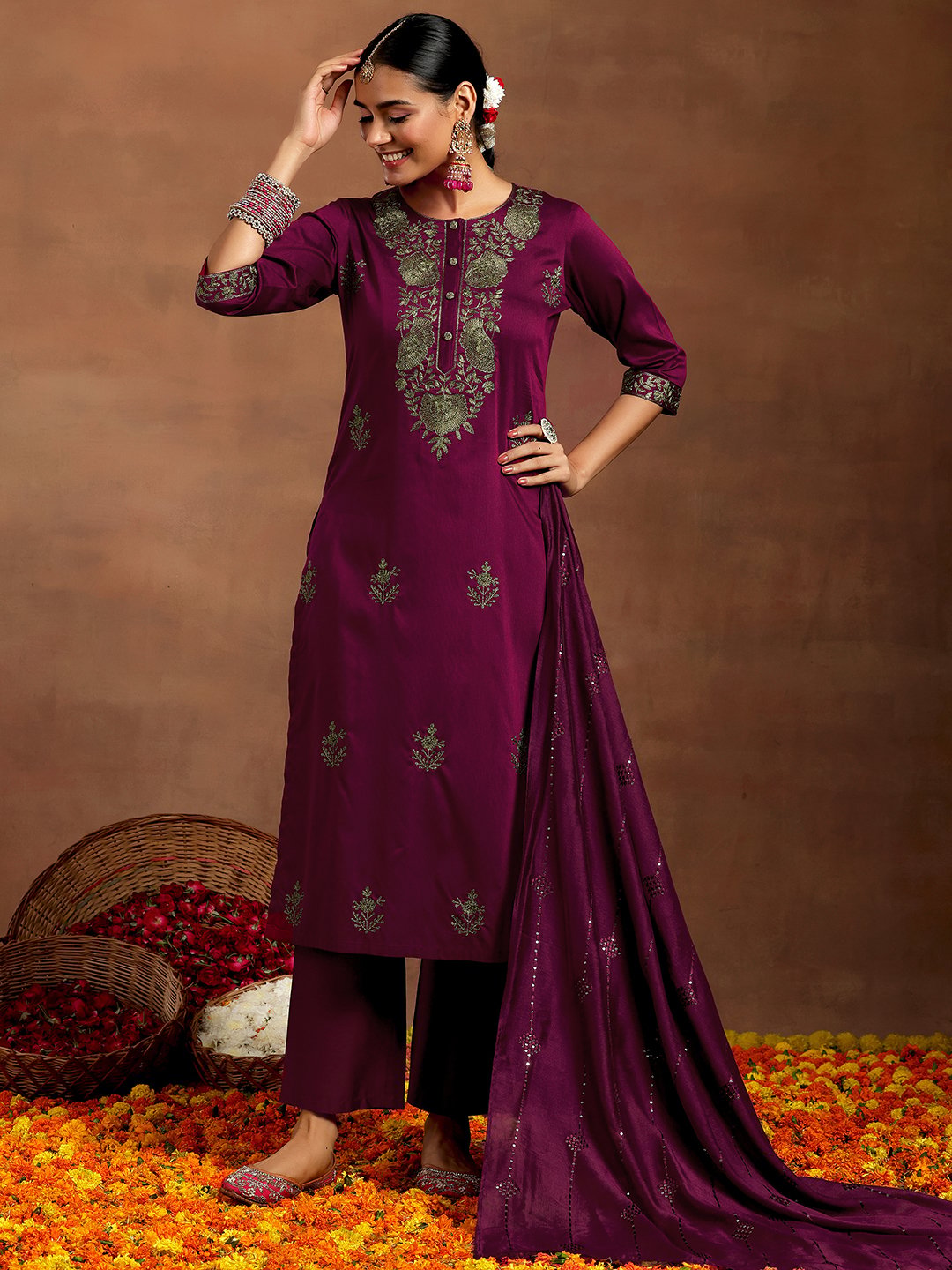 Burgundy Embroidered Silk Blend Straight Kurta, Trousers and Dupatta Set