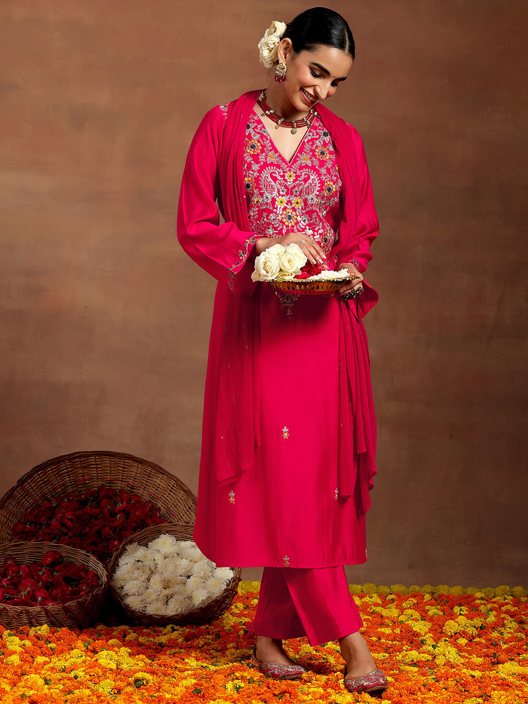 Pink Printed Silk Blend Straight Kurta, Trousers and Dupatta Set