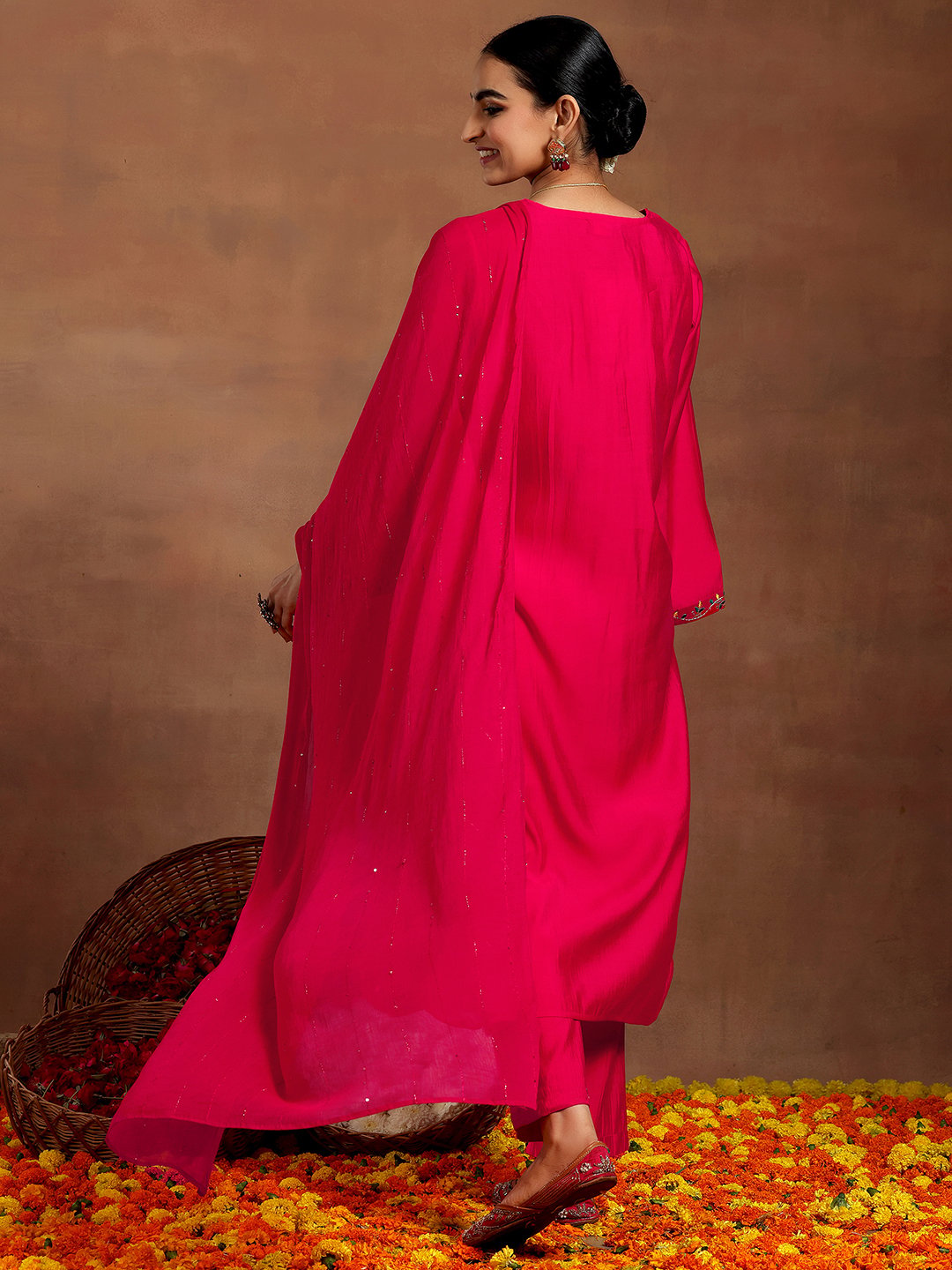 Pink Printed Silk Blend Straight Kurta, Trousers and Dupatta Set