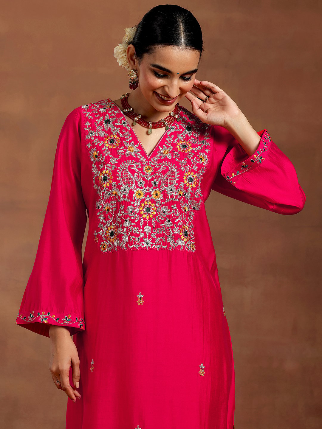 Pink Printed Silk Blend Straight Kurta, Trousers and Dupatta Set
