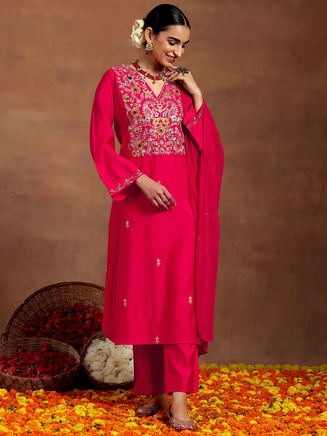Pink Printed Silk Blend Straight Kurta, Trousers and Dupatta Set