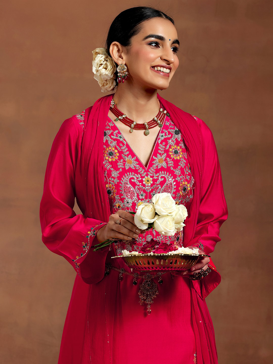 Pink Printed Silk Blend Straight Kurta, Trousers and Dupatta Set