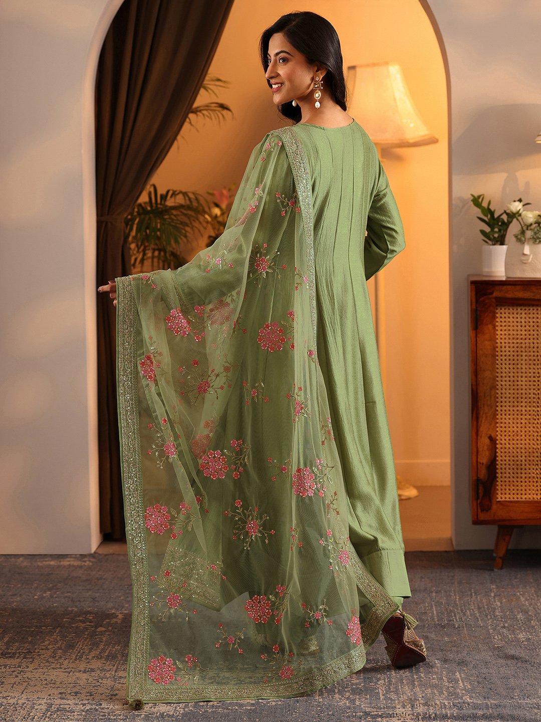 Green Yoke Design Silk Blend Anarkali Kurta, Trousers and Dupatta Set