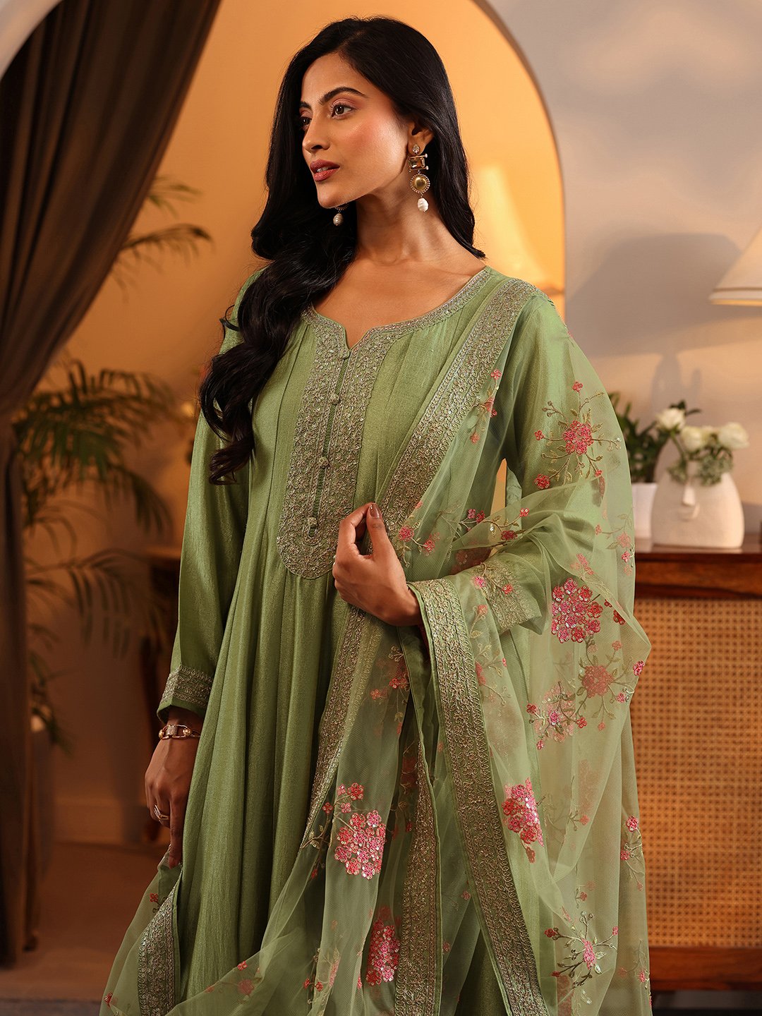 Green Yoke Design Silk Blend Anarkali Kurta, Trousers and Dupatta Set