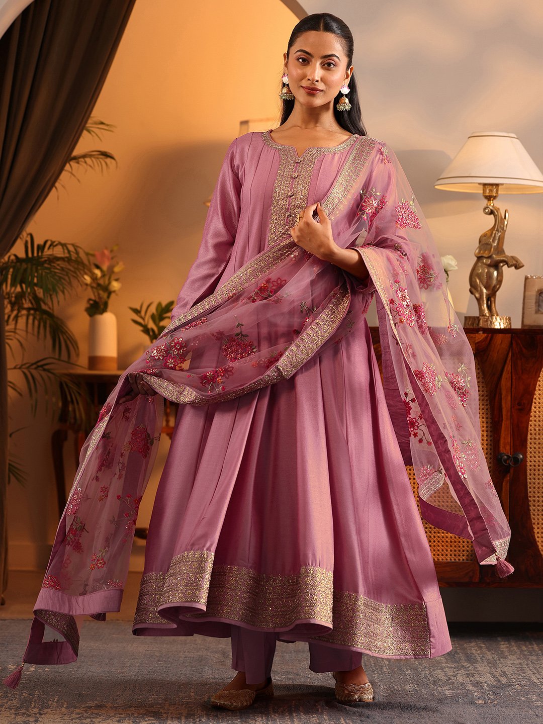 Pink Yoke Design Silk Blend Anarkali Kurta, Trousers and Dupatta Set