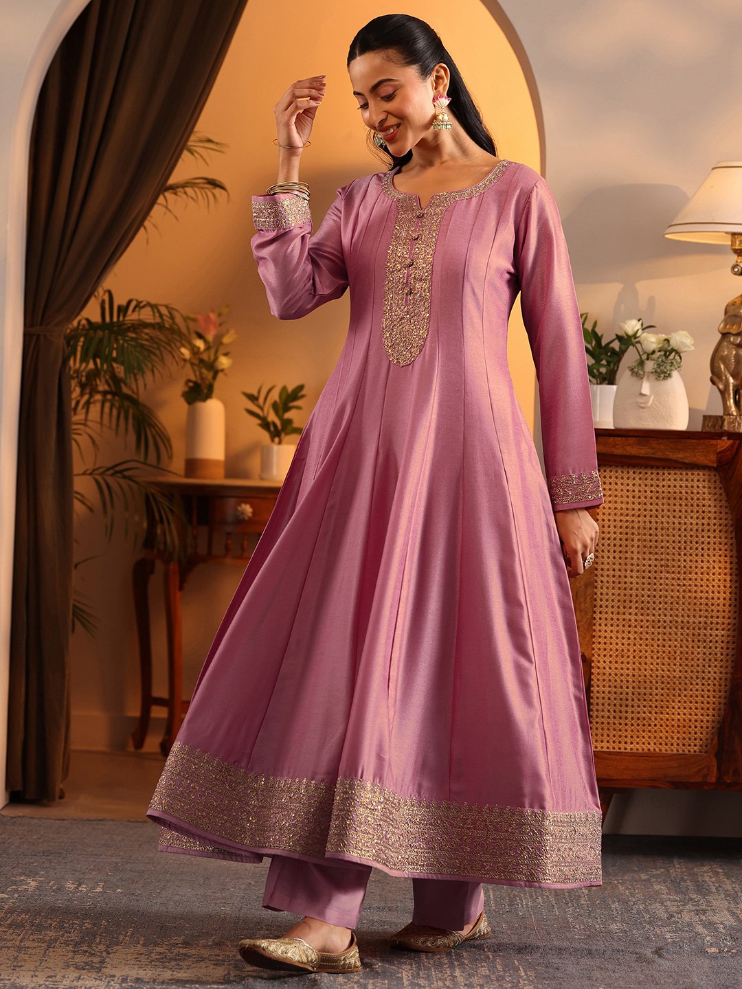Pink Yoke Design Silk Blend Anarkali Kurta, Trousers and Dupatta Set
