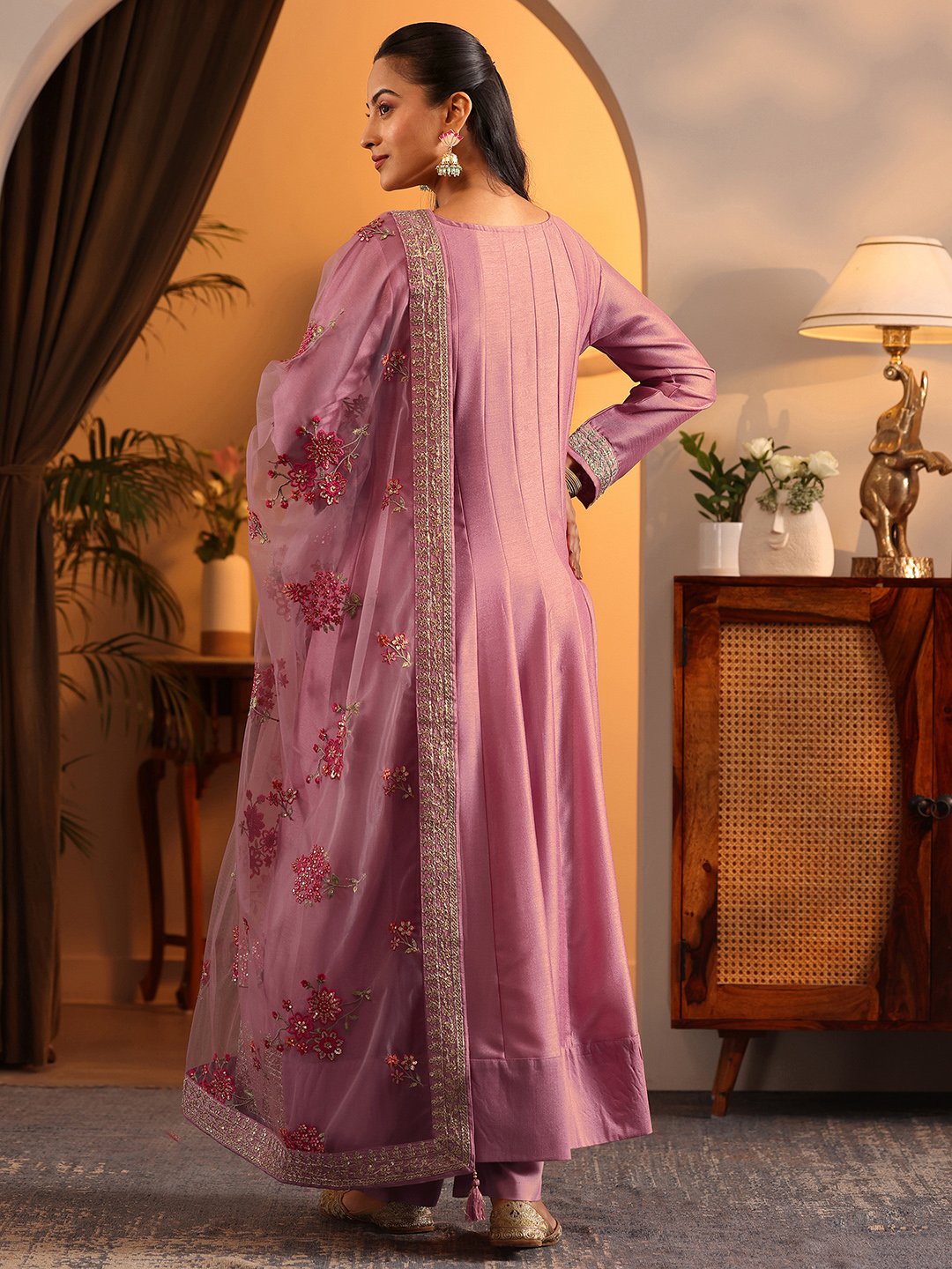 Pink Yoke Design Silk Blend Anarkali Kurta, Trousers and Dupatta Set