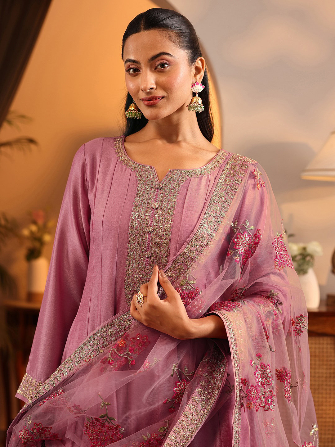 Pink Yoke Design Silk Blend Anarkali Kurta, Trousers and Dupatta Set