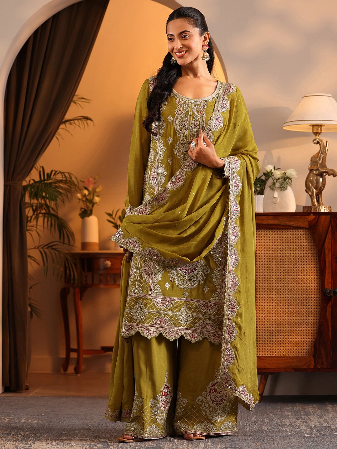 Green Printed Chinon Straight Kurta, Palazzos and Dupatta Set