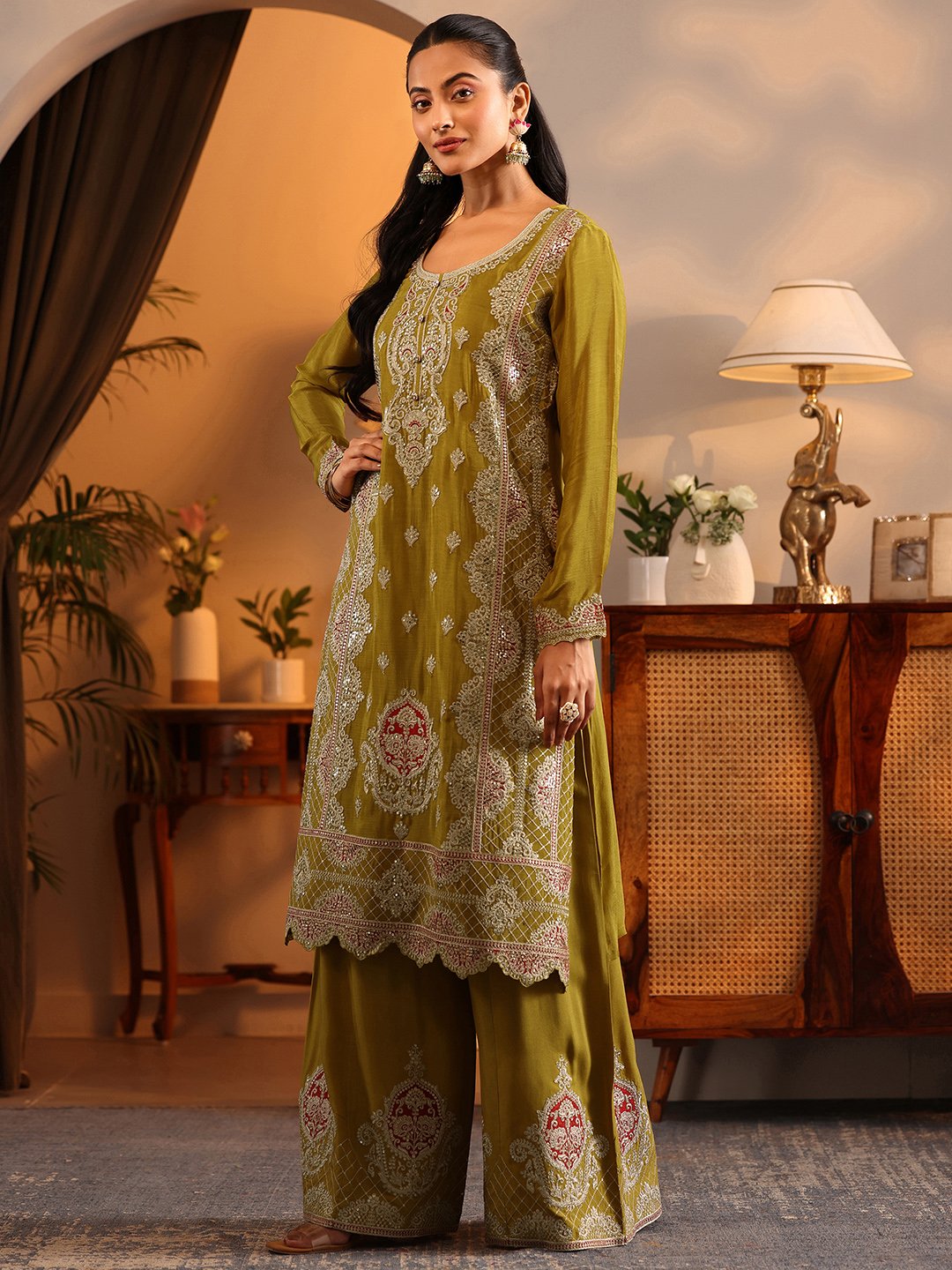 Green Printed Chinon Straight Kurta, Palazzos and Dupatta Set