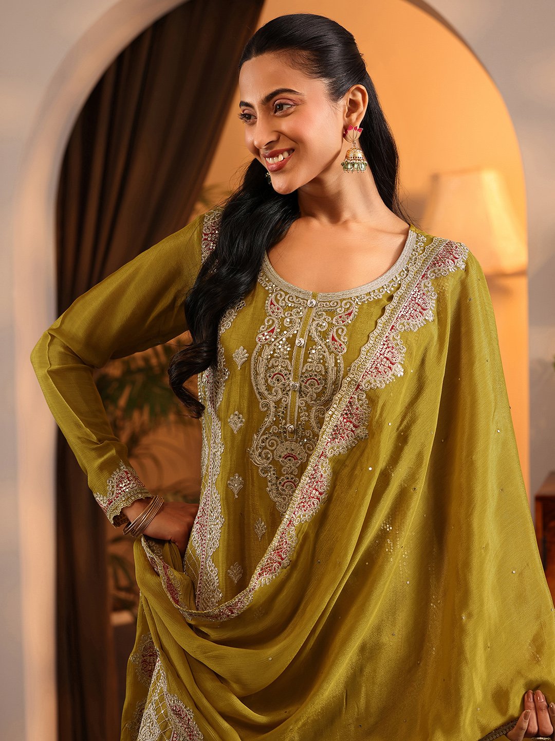 Green Printed Chinon Straight Kurta, Palazzos and Dupatta Set