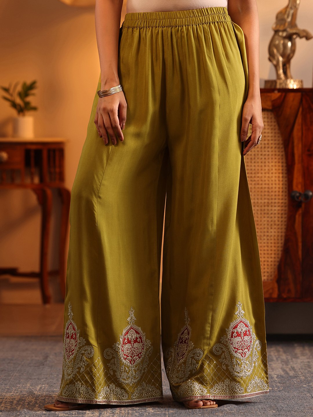 Green Printed Chinon Straight Kurta, Palazzos and Dupatta Set